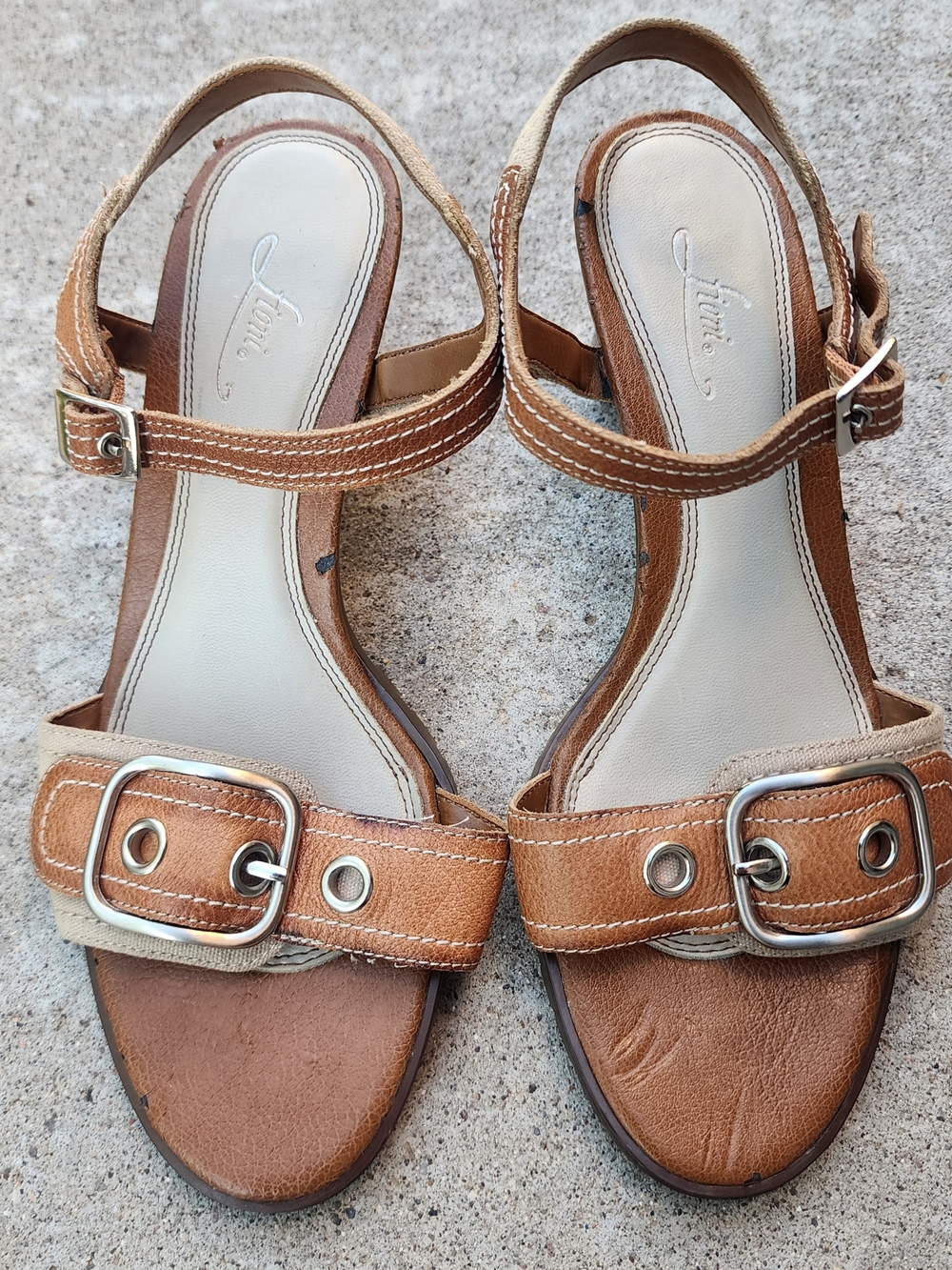 Vintage Fioni Women's Tan Brown Leather Buckle Heeled Sandals, Sz 7.5W